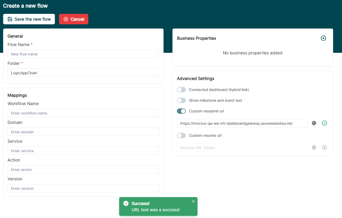 Advanced settings test url success